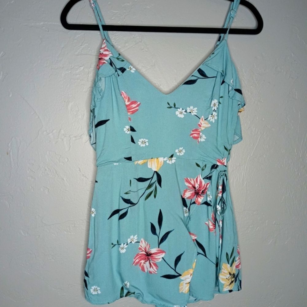 Tobi Floral Romper with Faux Wrap Skirt Side Tie